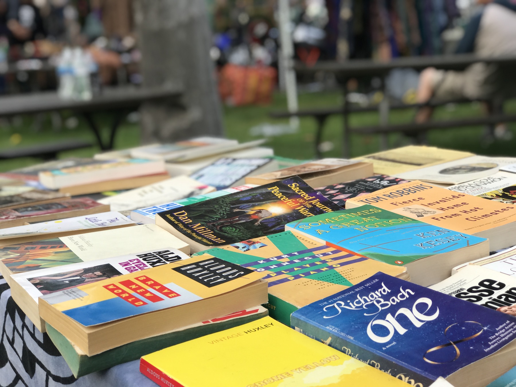 books on display on a table at a book fair