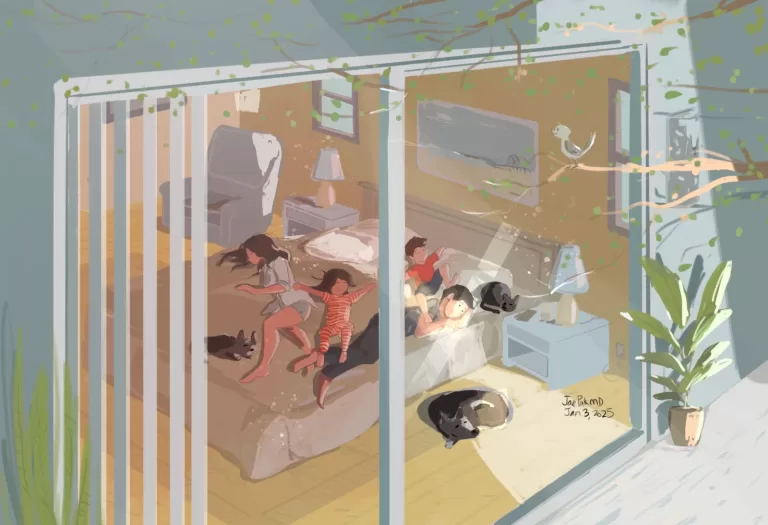 Jae Pak family in the bedroom playing