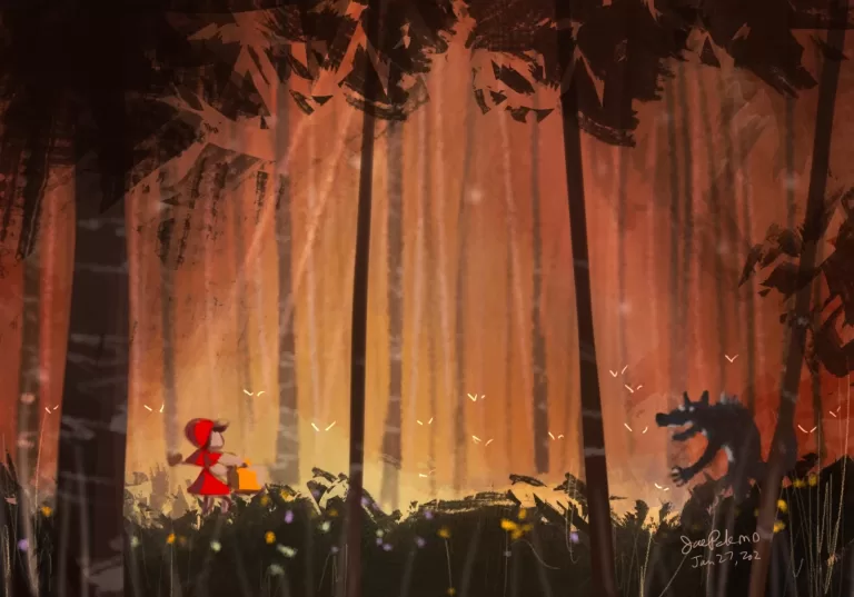 Jae Pak | red riding hood walking through the woods